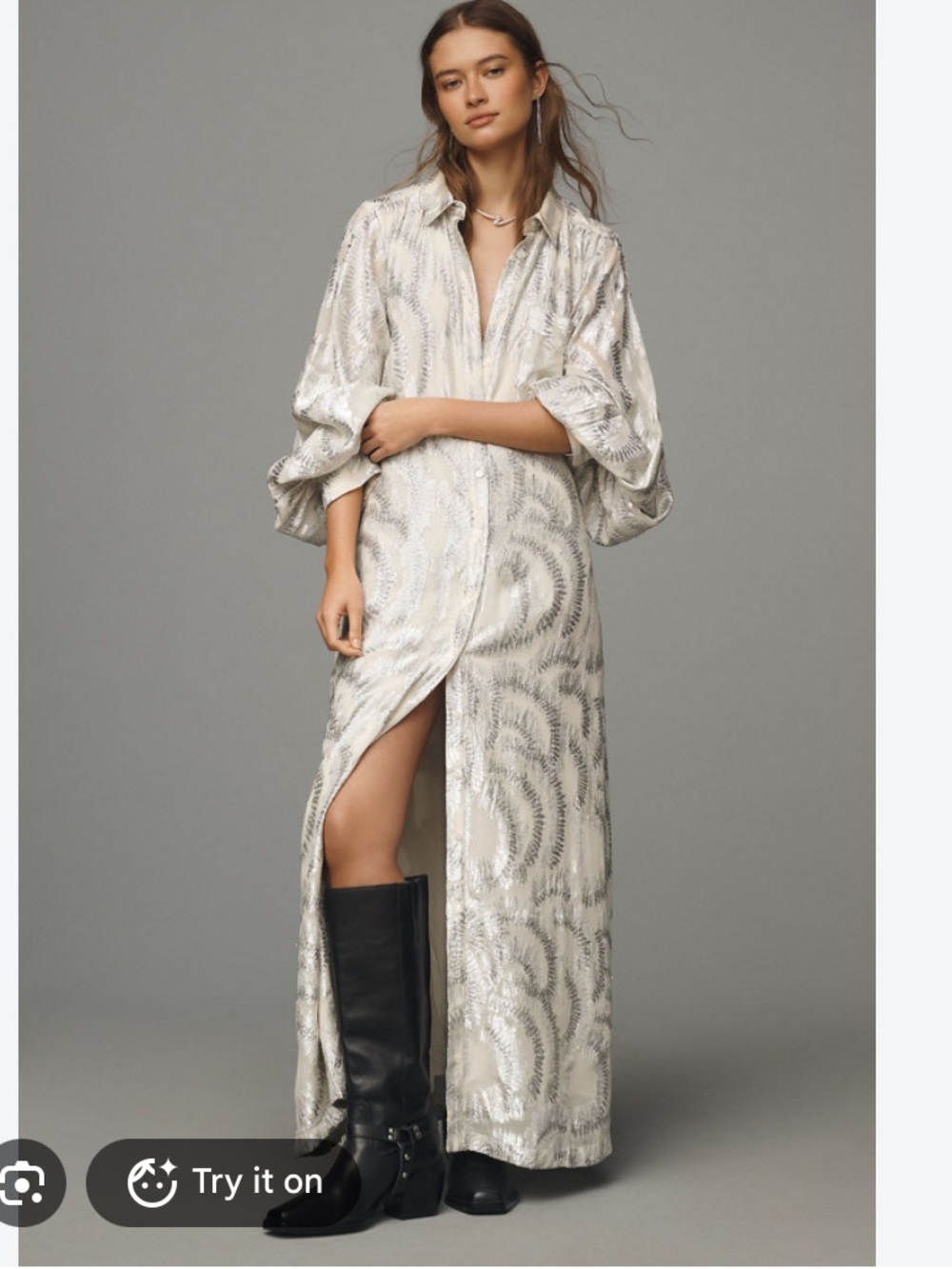 New Anthropologie Lurex Metallic Silver Cream NYE Boho Party Maxi Shirt Dress S